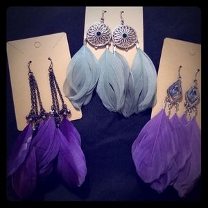 3 pairs of dangly feather earrings